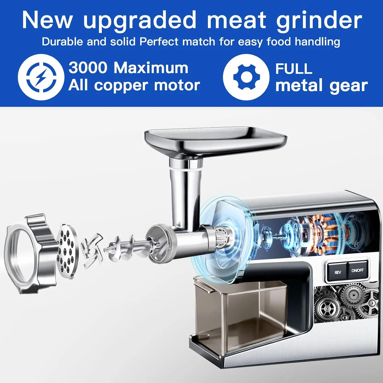3000W Electric Meat Grinder, Stainless Steel, 2 Blades, 3 Plates, Sausage Stuffer & Kubbe Kit for Home Kitchen view 4