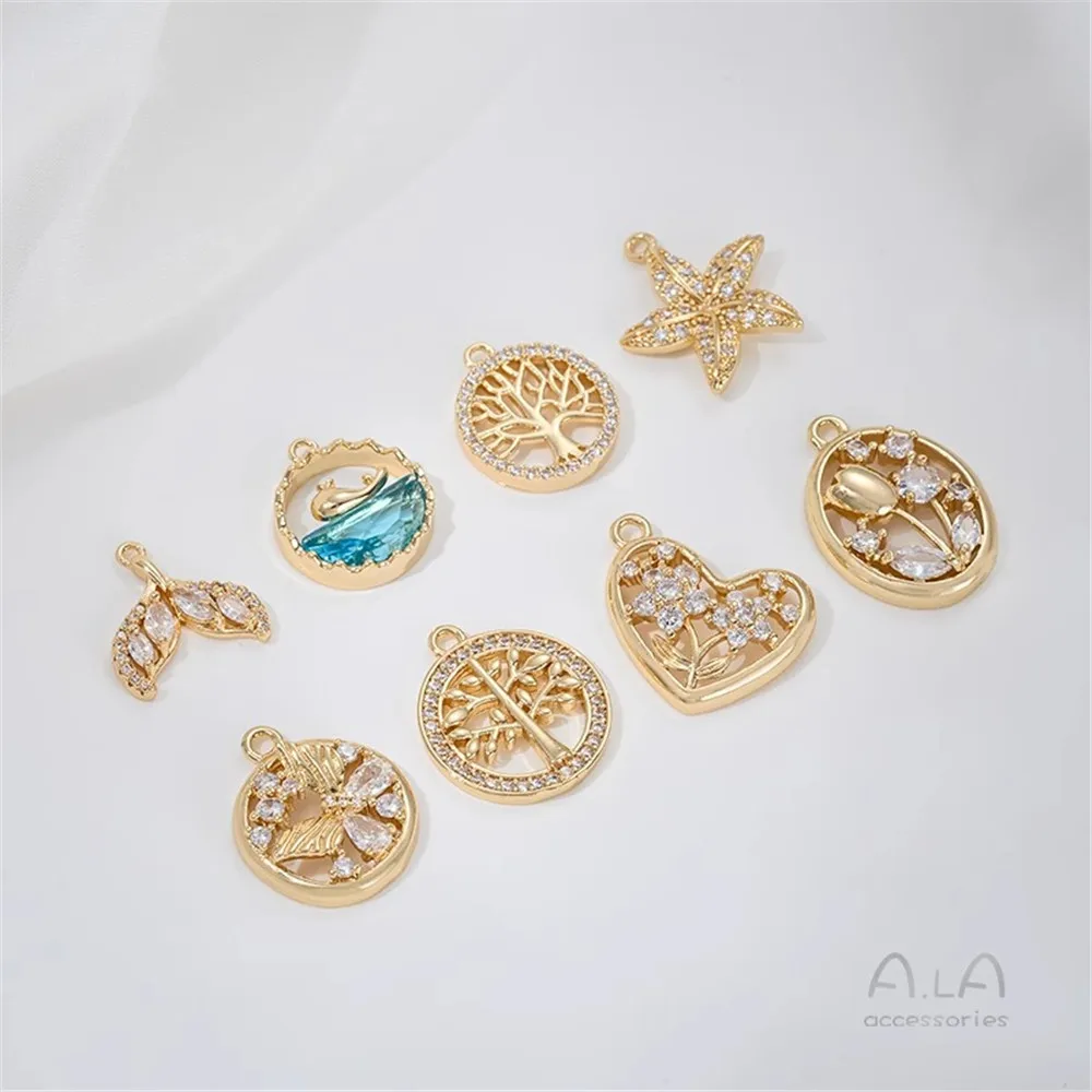 

14K Gold-plated Zirconia Whale Tail Starfish Tree of Life Tulip Pendant DIY Hand Chain Necklace Accessory