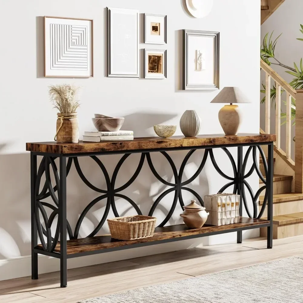 Industrial Long Sofa Table Behind Couch, 70.9-Inch Narrow Sofa Table, Entry Console Table with Storage for Entryway, Living Room