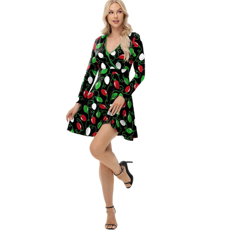 Robe sexy à manches longues pour femmes, mode européenne et américaine, jupe de Noël, impression numérique, col en V, automne, nouveau