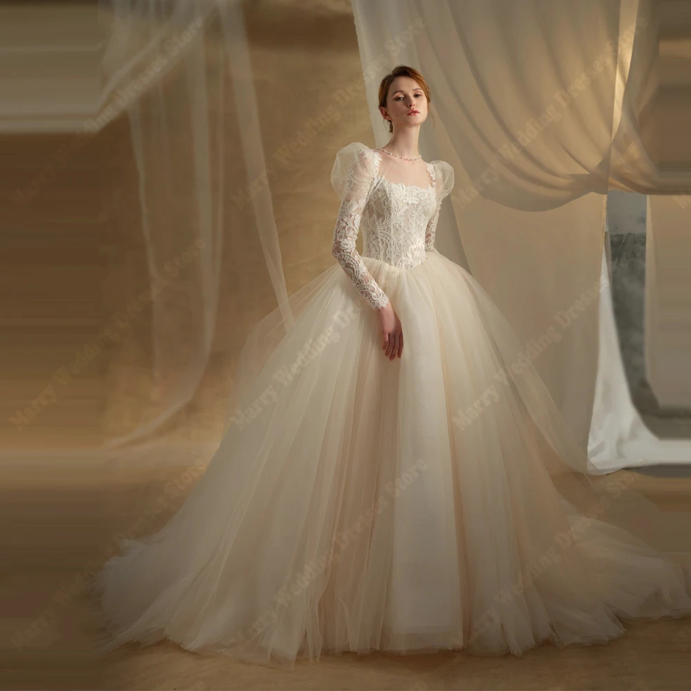 

Square Collar A-Line Wedding Dresses Sexy Lace Printing Long Sleeves Bride Gowns Princess Vestidos De Noiva For Women Customized