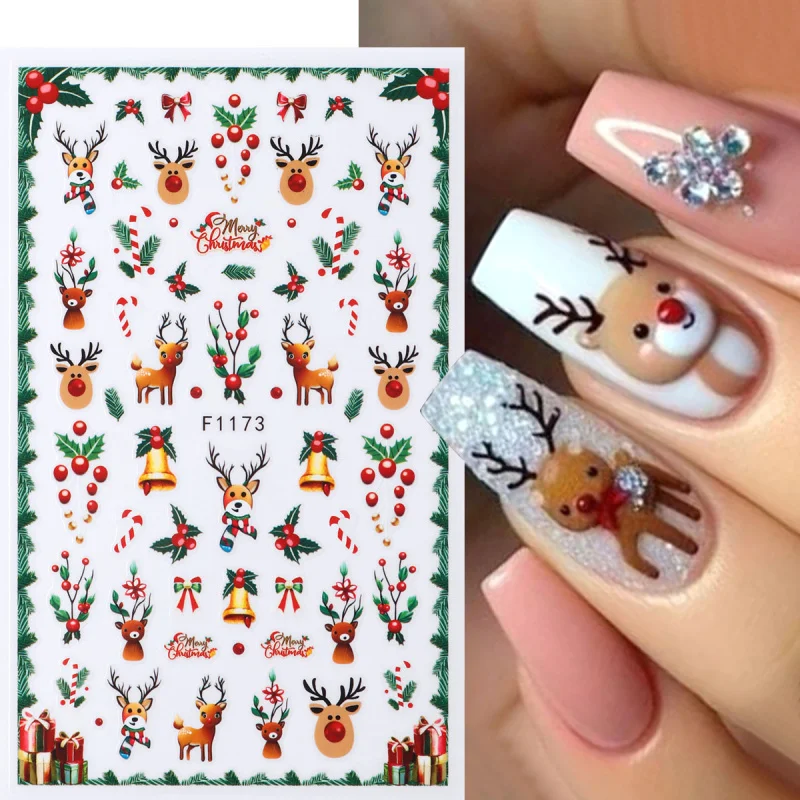 2개입 크리스마스 네일 스티커 겨울 순록 크리스마스 트리 홀리 덩굴 네일 아트 데칼 화려한 꽃무늬 폴리쉬 슬라이더 장식