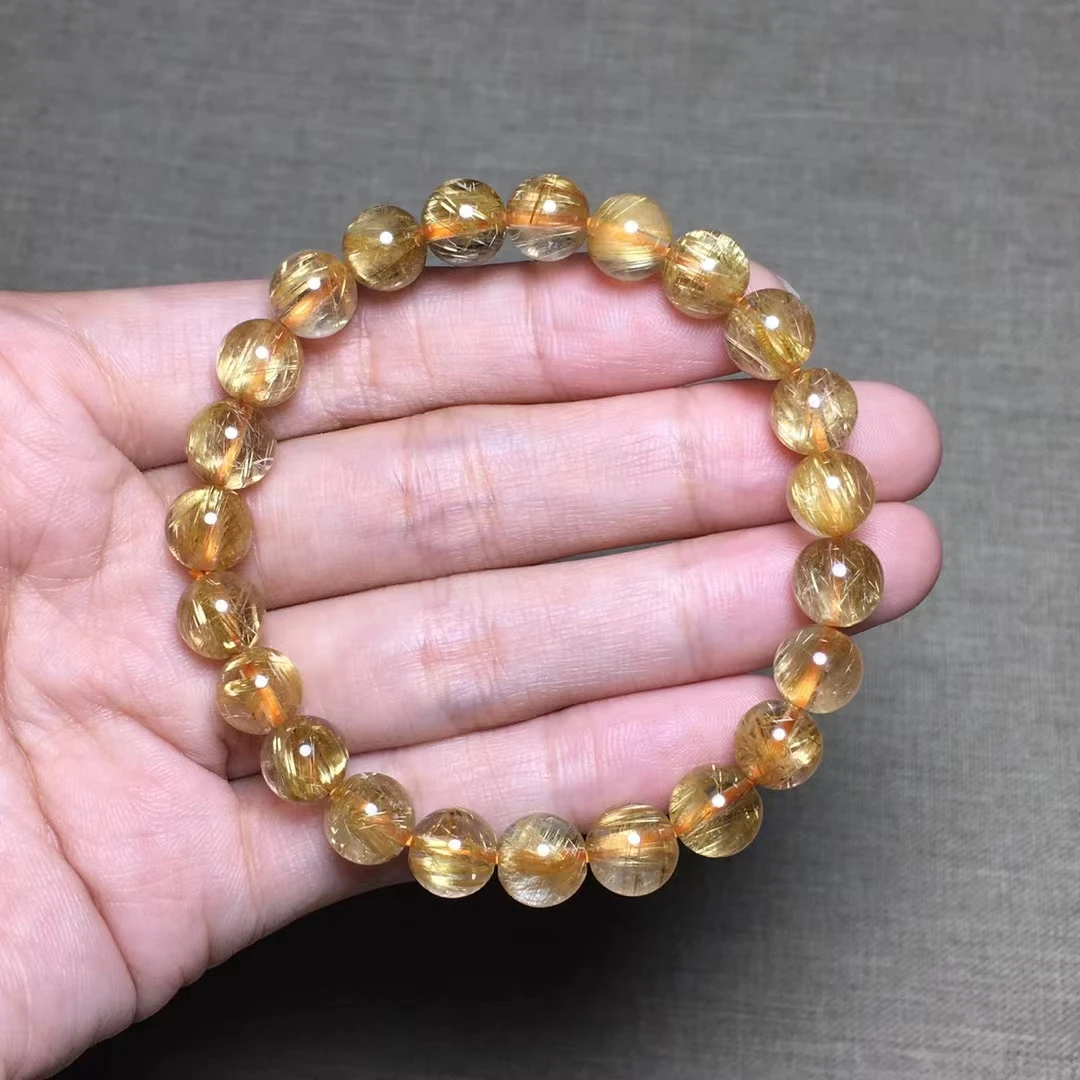 

Natural Gold Rutilated Quartz Titanium Bracelet 8mm Wealthy Woman Men Clear Round Beads Jewelry From Brazil AAAAAAA