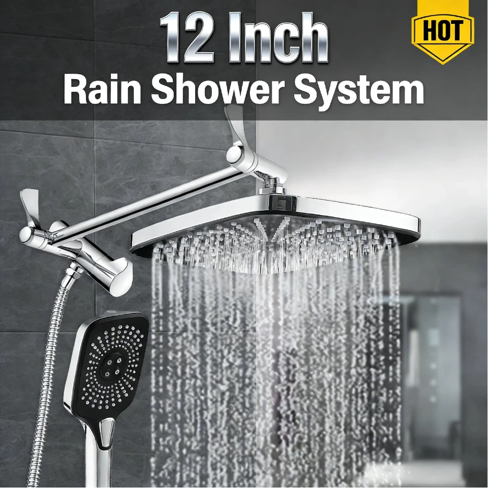 

Wall-Mount 12 Inch Shower Faucet Set 3+1 Settings Brass Extension Arm Top Spray Handheld Showerhead for Adult Baby Pet Bath
