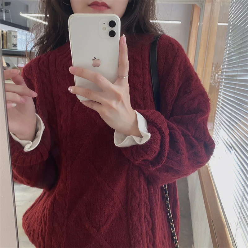 

ZY Red Cherry Thiened, женский свитер большого размера Lazy Sle, зима-осень-весна, круглый вязаный топ Ne Long Sve