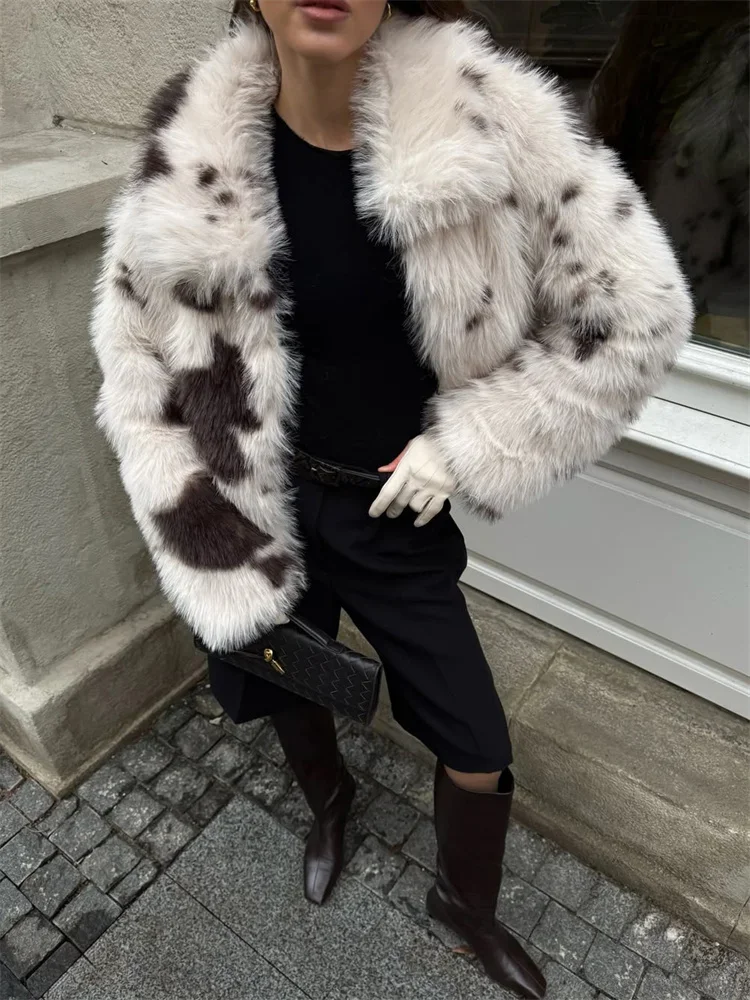 Winter Fashion Contrast Faux Fur Overcoat Women's Lapel Long Sleeve Patchwork Commute jacket Coat Female Warm Faux Fur New