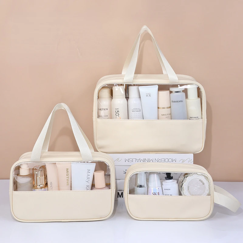 New Summer Beige Transparent Waterproof Makeup Bag Travel Wash Storage Bag Portable Fitness Swimming Handbag PVC