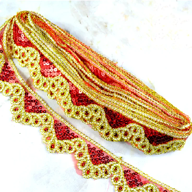 9 Yds Sequined Embroidery Lace For Carnival Cosumes Ribbon Lace Wave Crochet Gold Silver Braid Trims Gold Sewing Band 4.5cm