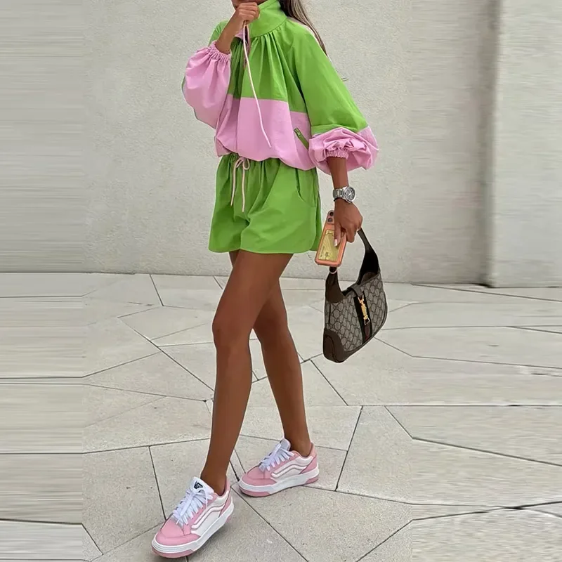 Damen Kontrast-Mantel-Hosenanzug, modischer Stehkragen, Reißverschlusstaschen, Damenmäntel, Shorts, Schnürung, Herbst 2026, Damen-Streetwear – Detail 6