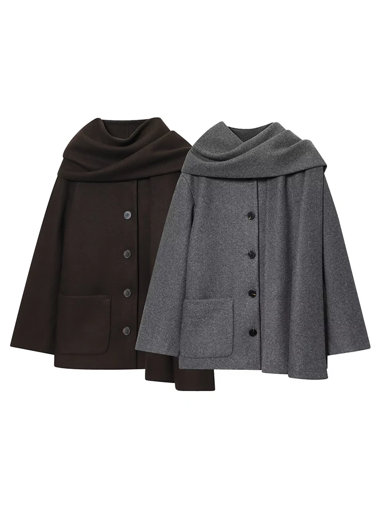 

HH Women Winter Fashion Versatile Scarf Collar Coat British Style Navy Coat Female Single Breasted Pocket Casual 2-Color Jacket