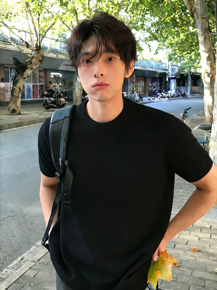 

Bla American Sle Fitn ort Sve Knitted Sweater Men's Slimming T-irt Muscle Enhancing Winter Faion Casual Wear