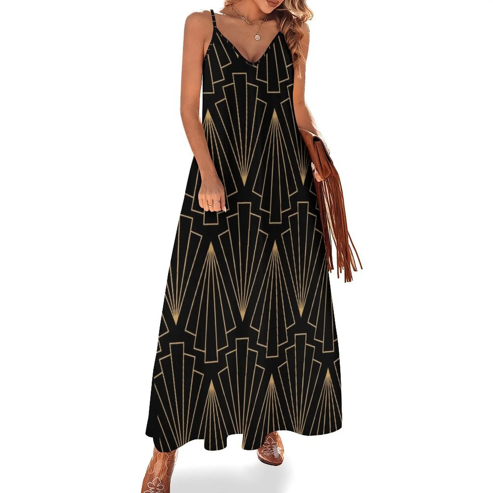 

Gold and Black Art Deco Pattern Sleeveless Dress dress women summer long dresses for women