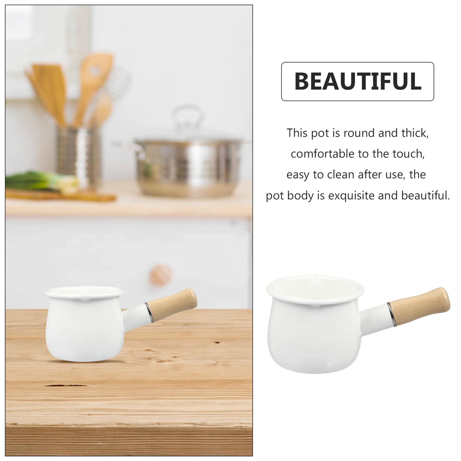 

Enamel Milk Pot Small Soup Saucepan Wood H Cookware Kitchen Tool Multifunctional Stew Pan Thick Material Easy Clean