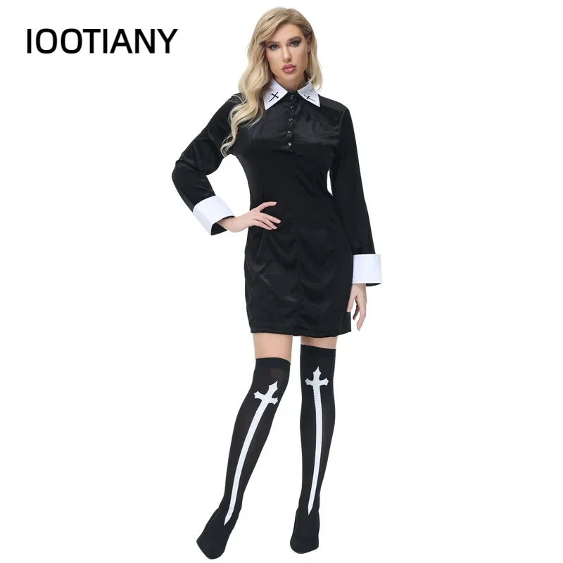 CosplayMujer Sexy monja gótico disfraz oscuro adulto carnaval Halloween iglesia vestido religioso Abbey Adams Cosplay vestido de lujo parte