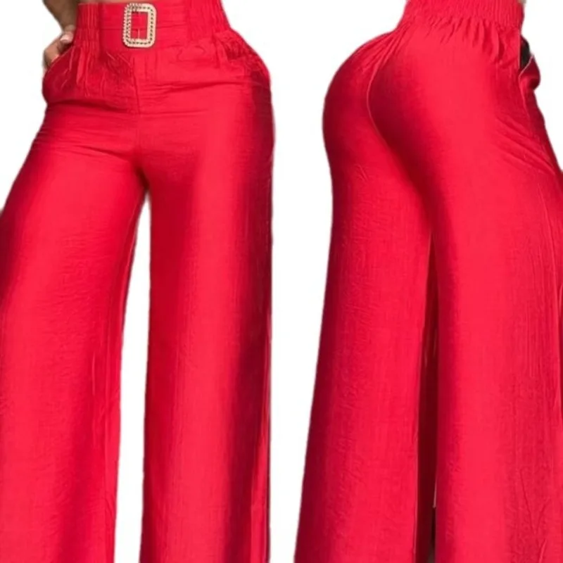 Women All Season Solid High Waist Wide Leg Flare Pants Elastic Waist Loose Trousers with Rhinestone Buckle Decor Side Pockets