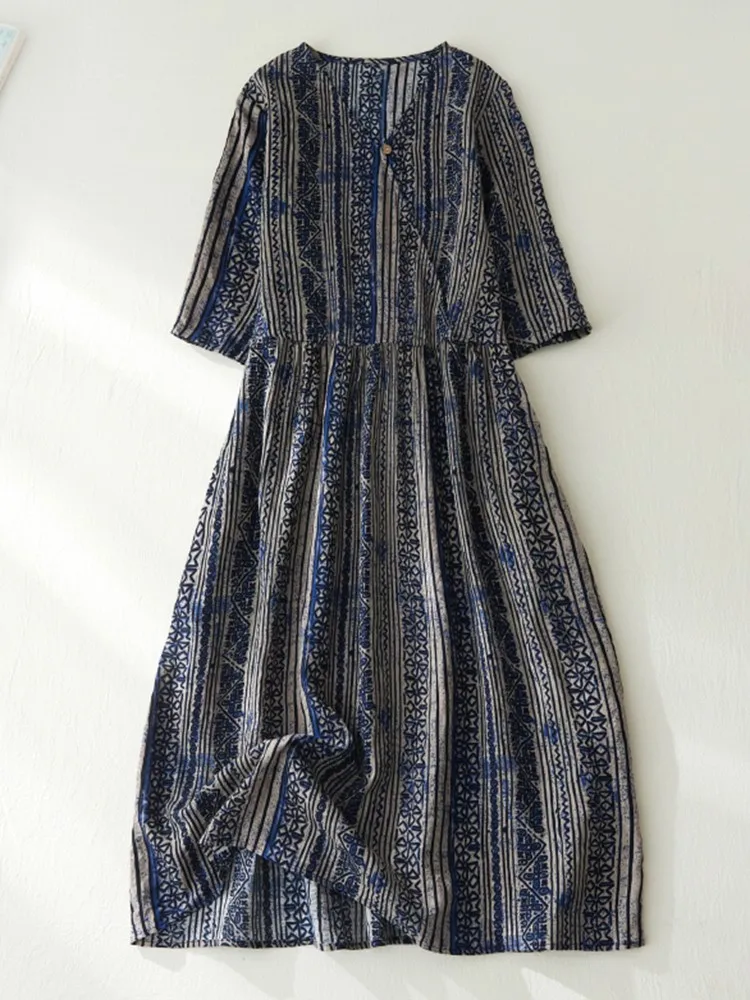 Women Summer Casual Dress New Arrival 2023 Vintage Style V-neck Striped Print Loose Comfortable Female A-line Long Dresses B2376