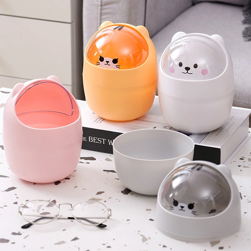 Cute Cartoon Storage Bin With Lid Wastebasket Desktop Garbage Storage Bucket Mini Brushes Makeup Bin For Home