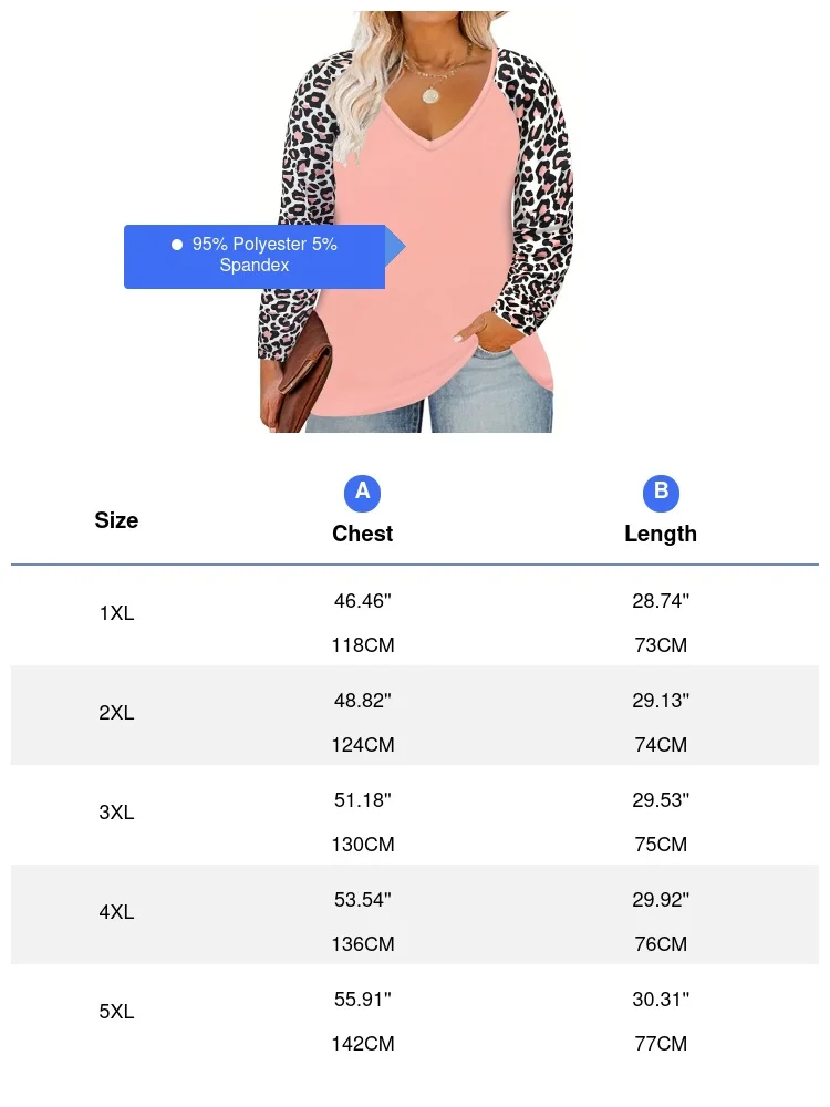 Plus Size Casual T-shirt Women\'s Plus Colorblock Leopard Print Long Sleeve V Neck Slight Stretch T-shirt