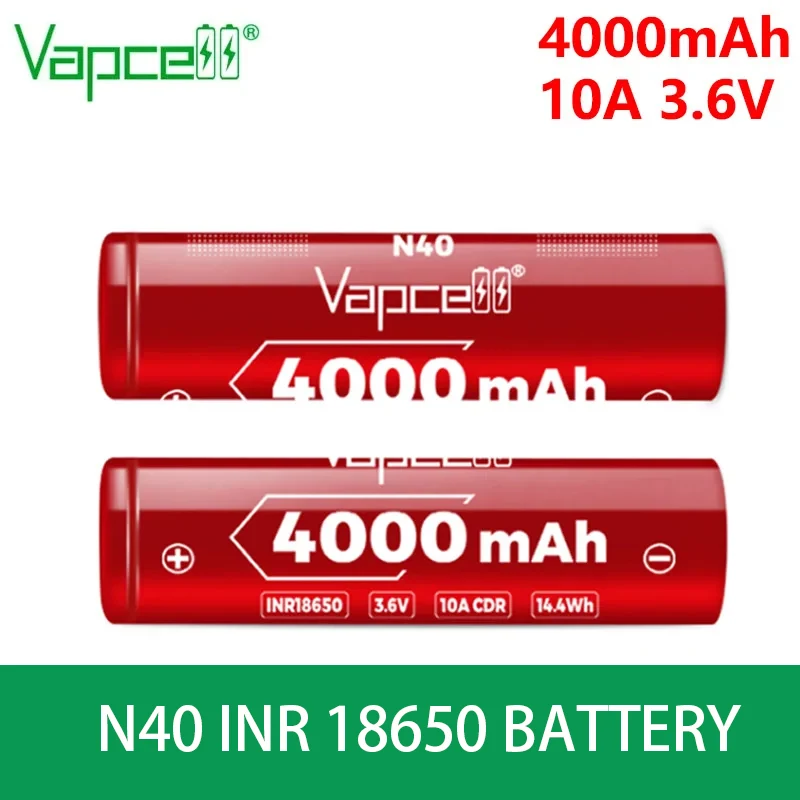 Original Vapcell N40 INR 18650 Battery Highest Capacity 4000mah CDR 10A 3.6V Reachargeable Batteries For UAV VapeMod Flashlight