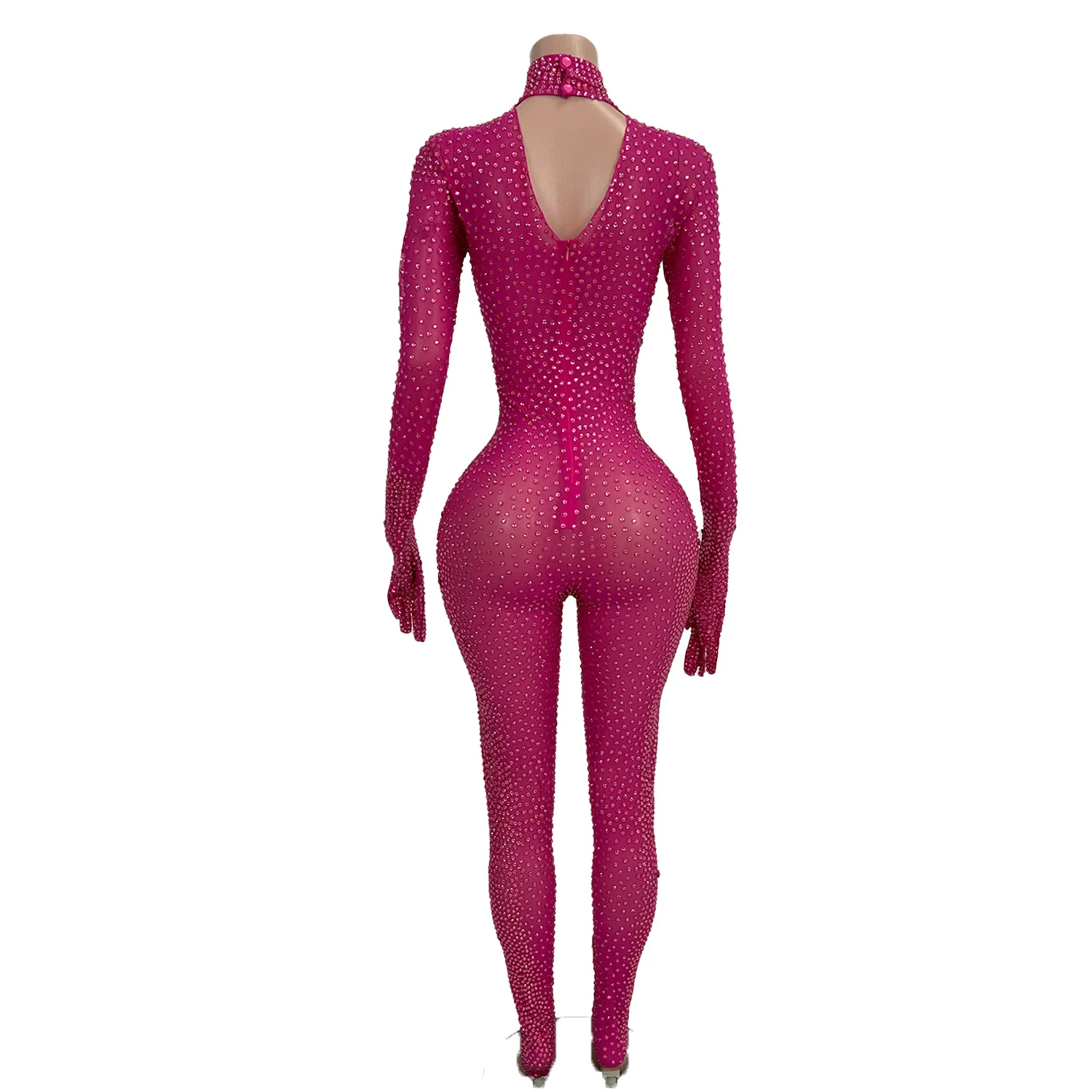 Sparkly Full Pink Crystals Jumpsuit For Hot Girls Club Show Sexy Bodycon Elastic Jumpsuit Birthday Photograph Wear Costume Party