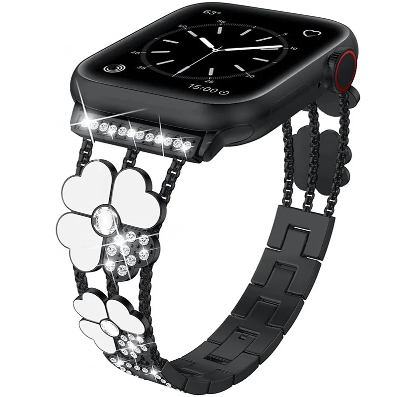 Metal Wristband Four Leaf Clover Band for Apple Watch Ultra SE Series 9/8/7/6/5/4/3/2/1 Crystal Diamond Bracelet Strap