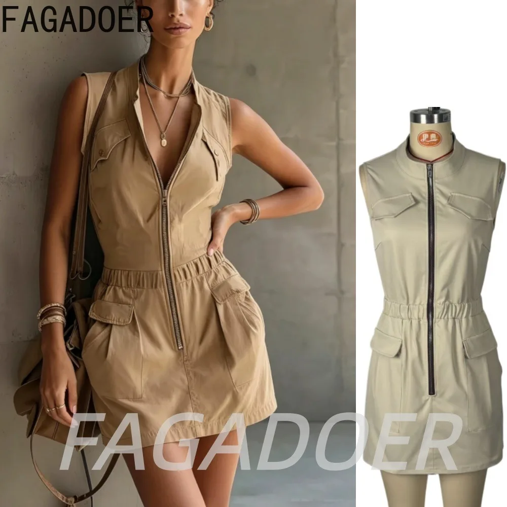 

FAGADOER Fashion Pocket Cargo Mini Dress Women's Casual Zipper Patchwork Waist Stretchy Dress Summer Streetwear Club Vestidos
