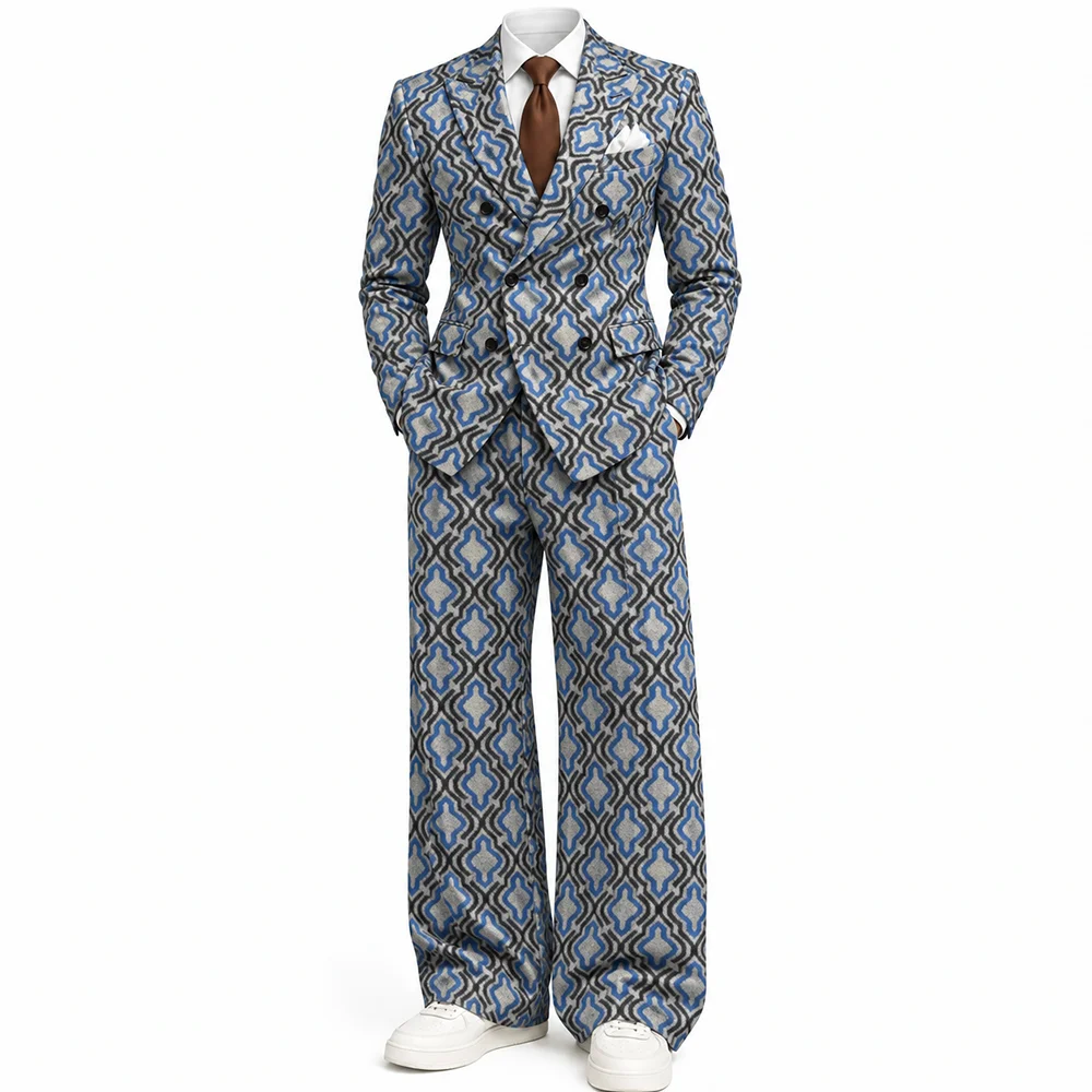 Men Geometric Pattern Printed Woolen Jacquard Tweed Suit 2 Pieces Double Breasted Blazer Pants Wedding Party Costume Custom Made