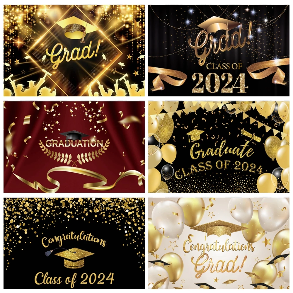 

2024 Class Graduation Photography Backdrop Black and Gold Cap Balloon Grad Congrats Prom Party Banner Photo Background Supplies