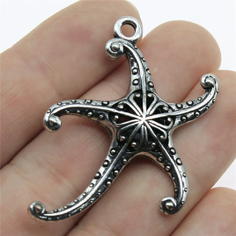 WYSIWYG 2pcs 45x43mm 3D Hollow Starfish Charm Fashion 3D Starfish Charm 3D Hollow Starfish Pendants Antique Silver Color