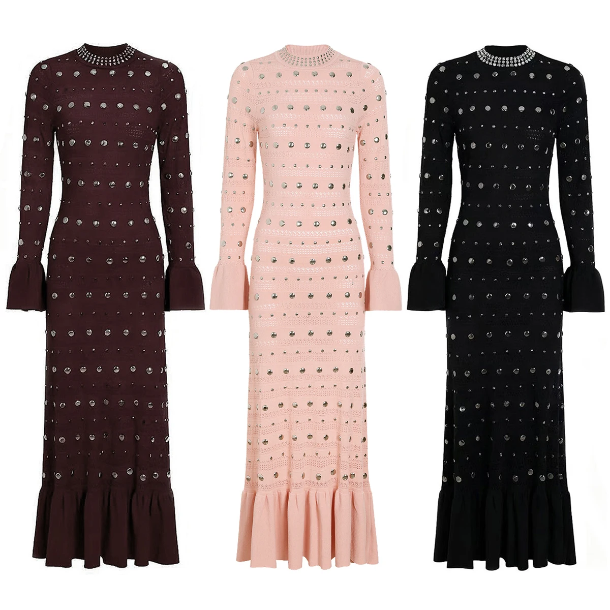 Hohe Qualität Frühling Und Herbst Neue Elastische Gestrickte Rundhals Slim Fit Metall Blatt Lange Ärmeln frauen Kleid