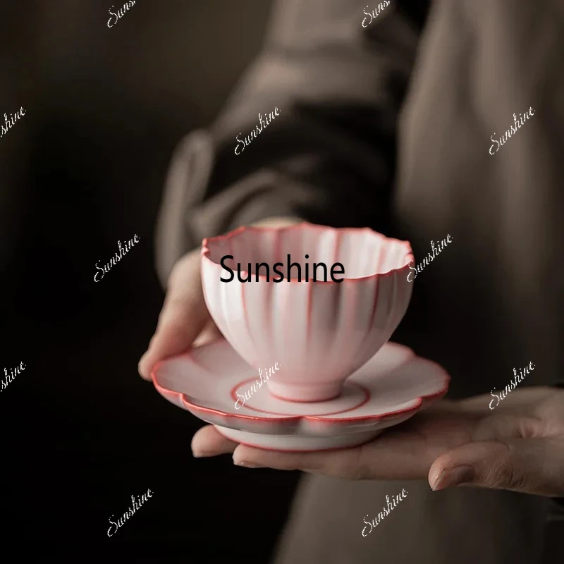 Pig Oil Jelly Powder Ru Kiln Petal Teacup Ancient Tea Bowl Cup For Tea Tea-tasting Fragrance Cup Jianzhan Master Cups Saucer