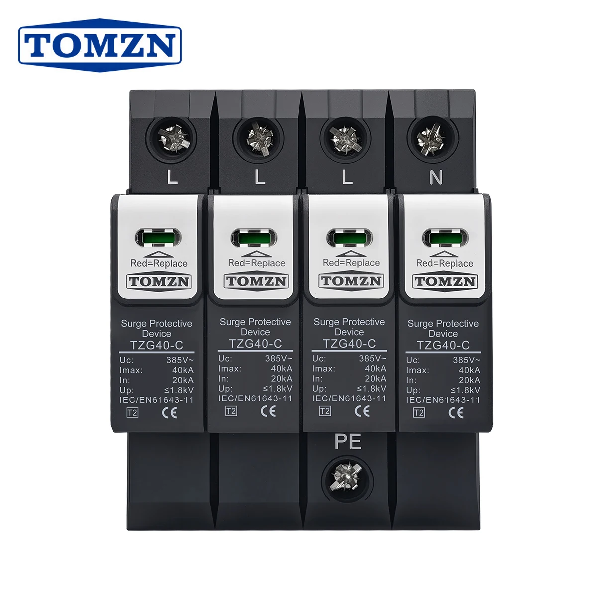 

TOMZN 4P AC SPD MOV Shield-Type Replaceable 275V 385V 420V 10-20kA 20-40kA 30-60kA Visual Warning Module Din Rail Pluggable