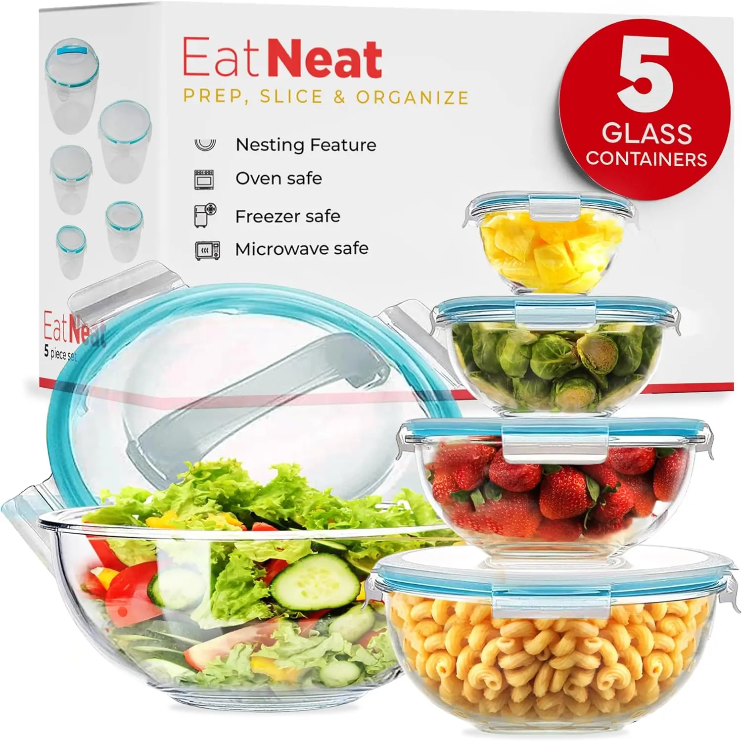 

Set of 5 Glass Food Storage Bowls with Airtight Snap Lock Lids