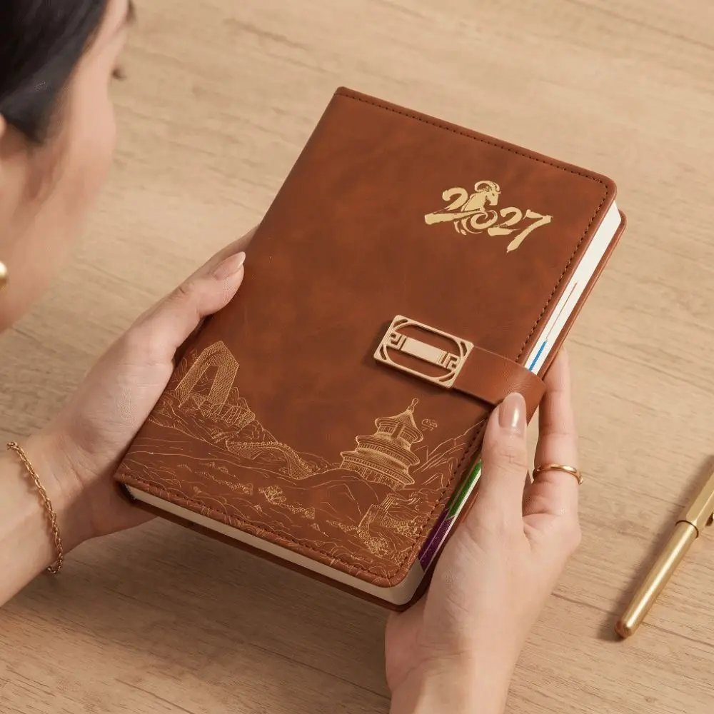 Thickened Paper 2027 Year Planner Faux Leather Multi Color Daily Agenda Book Ribbon Bookmark Stitch Binding A5 Business Notebook