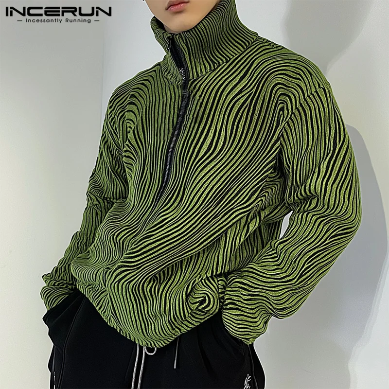 INCERUN New Men Fashion Clothing Abstract Print Line Zipper Design Sweatshirts Casual Streetwear Male Long Sleeved Sweaters 2024