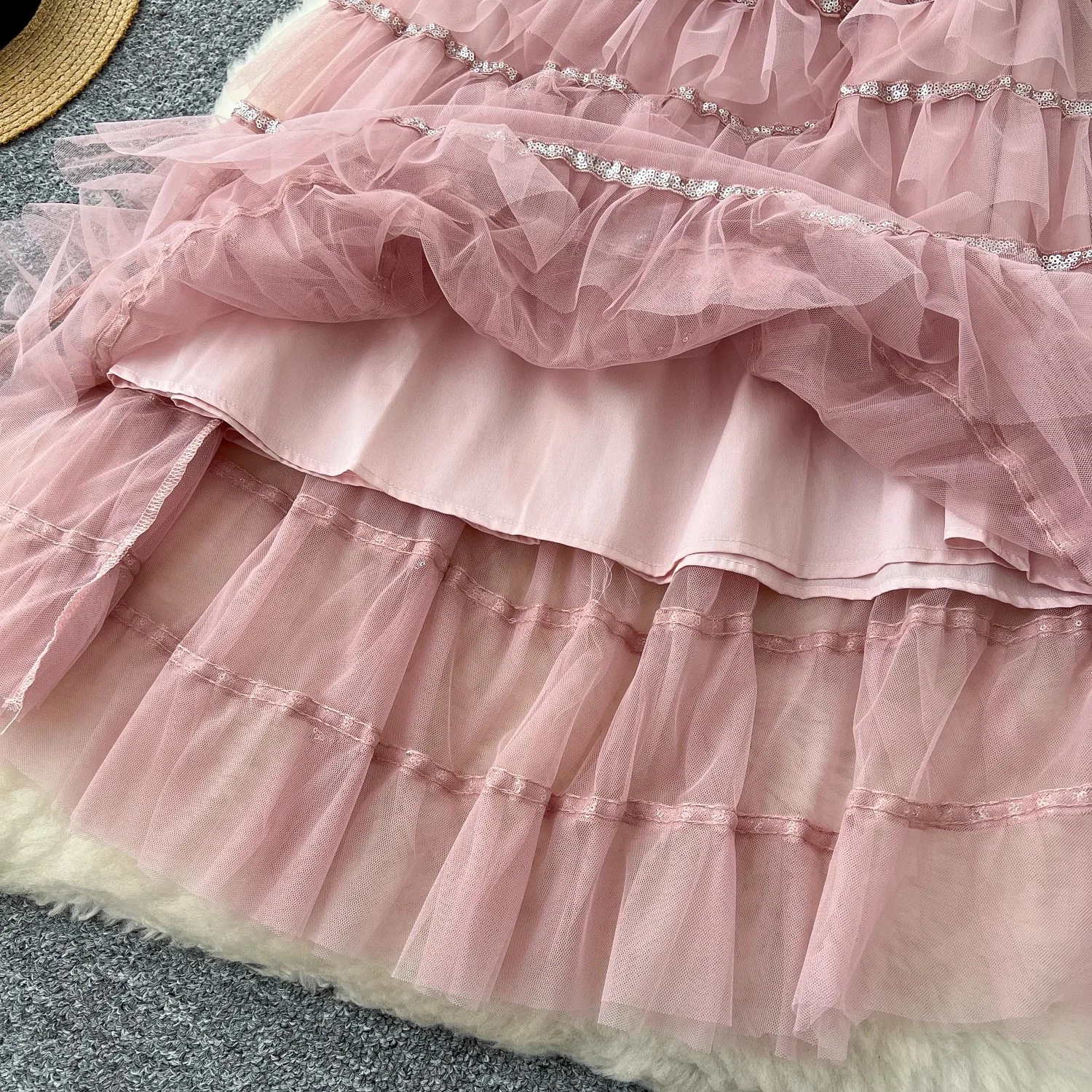 Women's Square Collar Sweet Pink Beading Embroidery Sequins Mesh Multilayer Cake Dress Casual Lady Sequined Lace A-Line Vestido