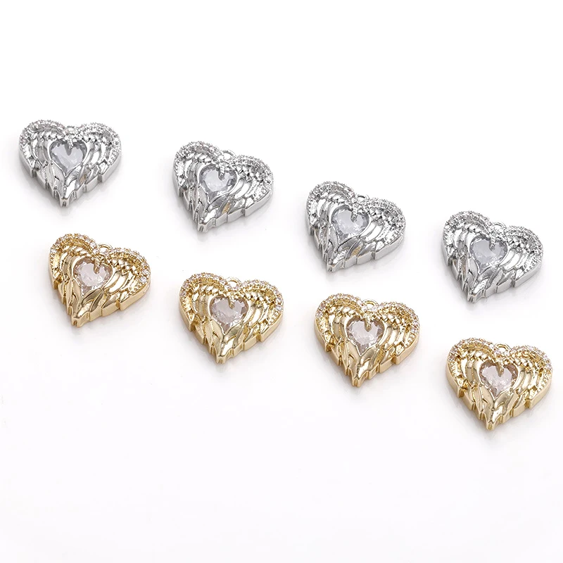2 pieces  copper plated 14K Gold feather heart-shaped angel wings inlaid with Zircon Pendant DIY jewelry discovery accessories