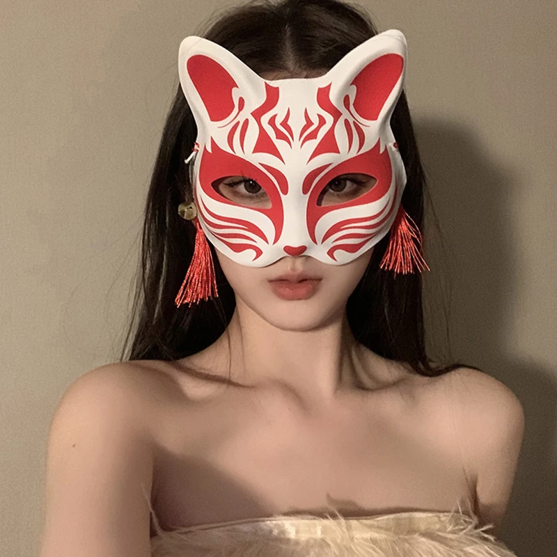 Japanese Mask Half Face Hand-painted Cat Fox Mask Anime Demon Slayer Masquerade Halloween Festival Cosplay Prop New Year Gifts