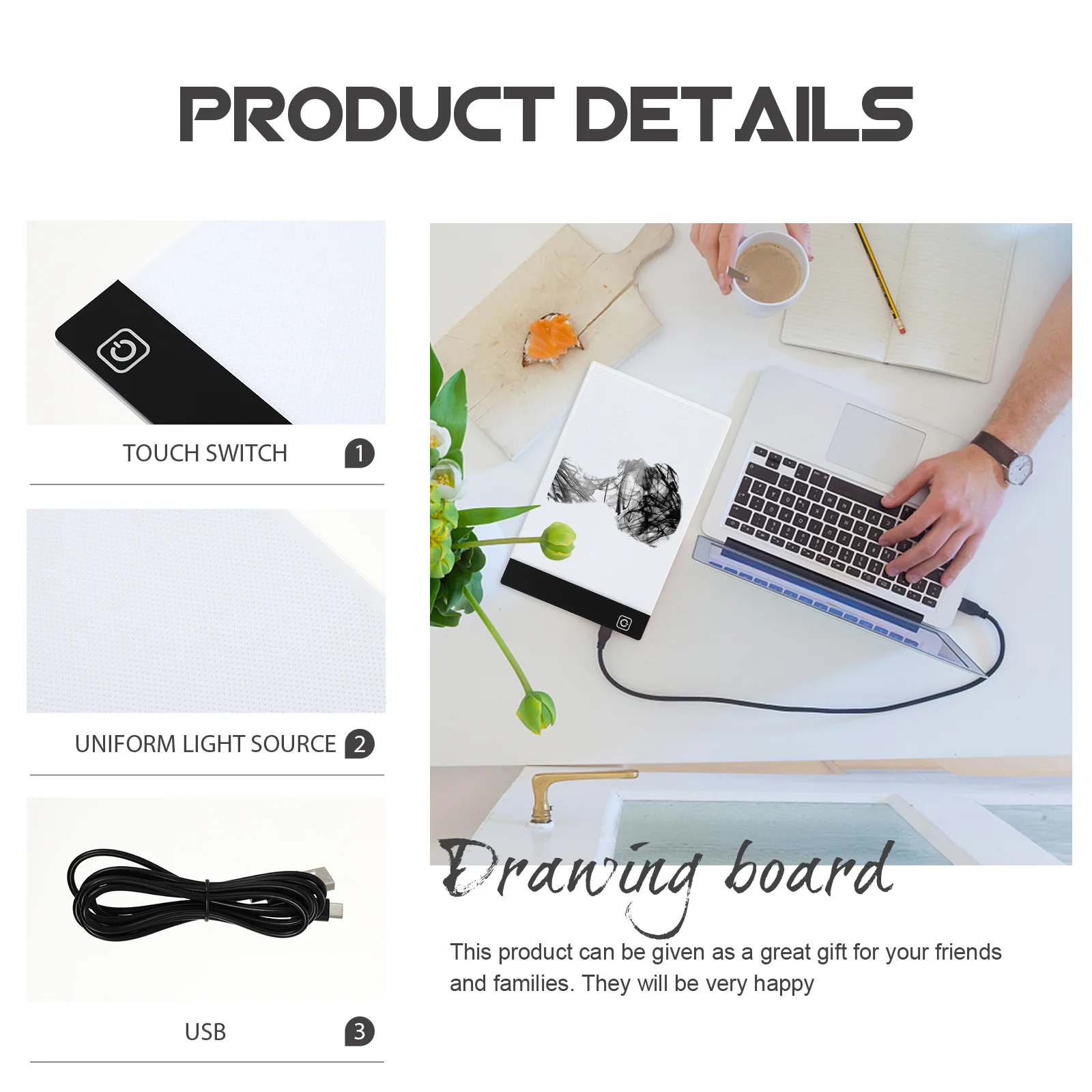 

A5 Size Copying Writer Board Three Level Brightness Touch Control Drawing Board for Student Home Use USB Charging