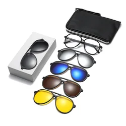 Night Vision Clips Polygon Magnet Clip Myopia Sunglasses 6 in 1 Men Women Glasses Frame Double Beam Custom Prescription Eyewear
