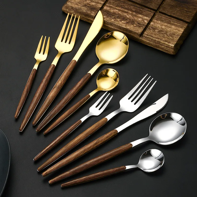 Home Dinnerware Stainless Steel Knife Fork Spoon Mirror Silver Golden Wooden Handle Dishwasher Kitchen Western Flatware