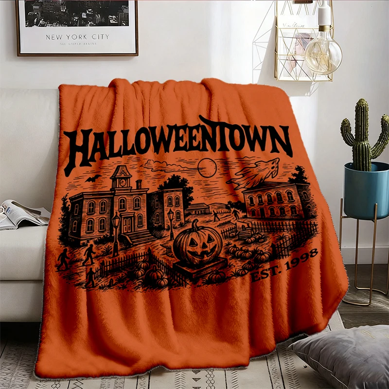 Halloweentown Flannel Blanket, Spooky Town Graphic Flannel Throw, Haunted Retro Humor Cozy Blanket