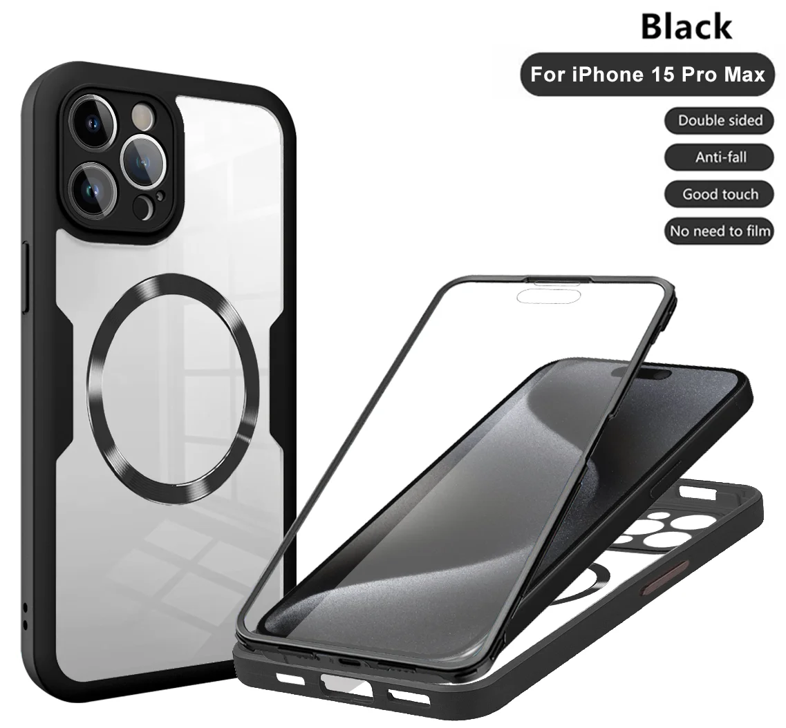 360 doppelseitige, vollständig schützende magnetische Handyhülle für iPhone 15 14 12 13 11 Pro Max 16 Plus mit Displayschutzfolie, klare Abdeckung – Detail 9