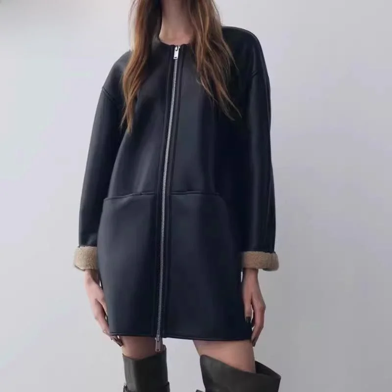 

Новое осенне-зимнее женское двустороннее пальто свободного кроя с круглым вырезом, длинными рукавами, на флисовой подкладке, на молнии, в уличном стиле