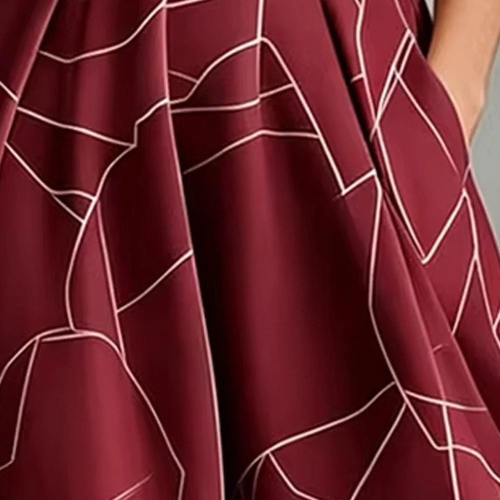

Women's Elegant Maxi Dress Stand Collar Burgundy Crack White Line Print Slim Short Sleeve Side Pocket Summer Party Dress