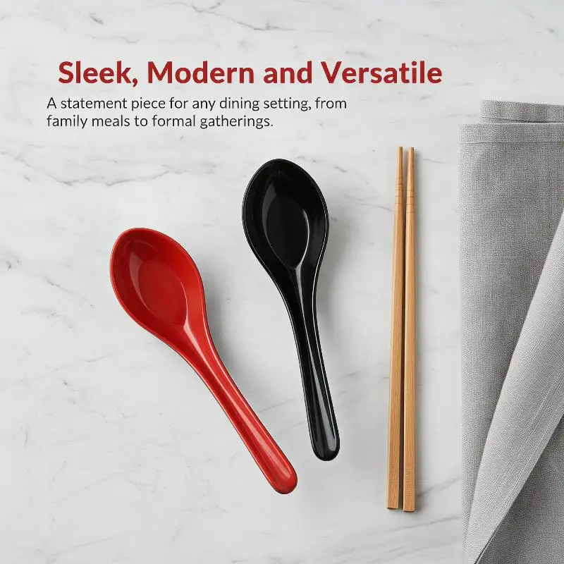 Red Black Japanese Style Ramen Spoons 2PCS Long Handle Melamine Drop Resistant for Outdoor Camping Picnic Soup Use