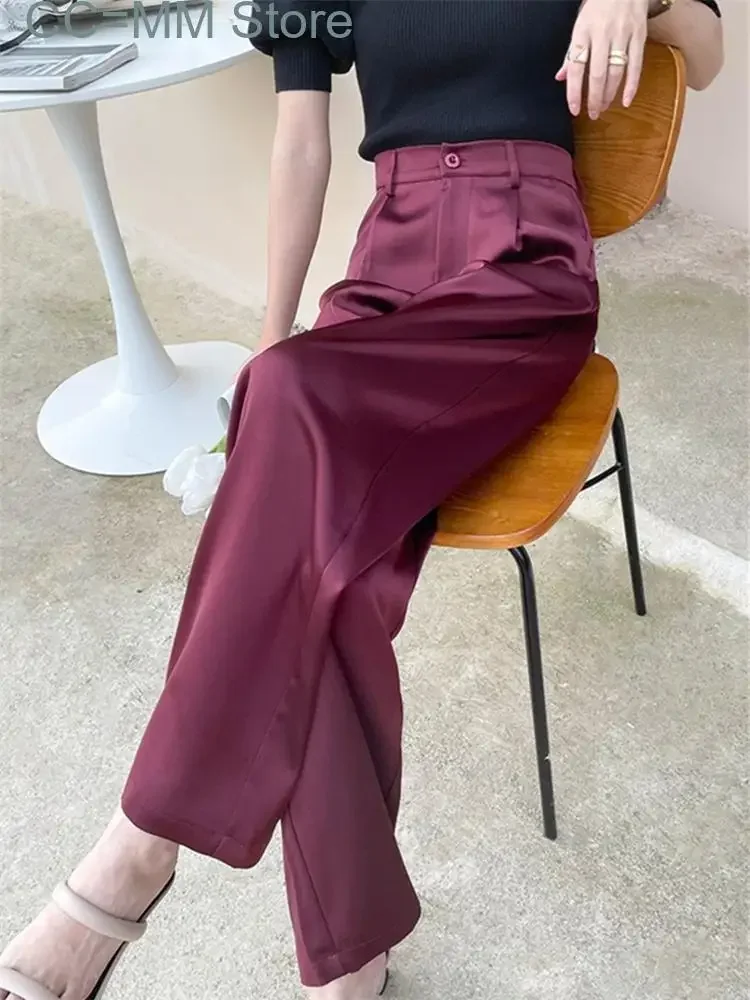 

New Satin Suits Pants for Women Office Ladies High Waisted Fashion Wide Leg Pants Casual Full Length Straight Pants