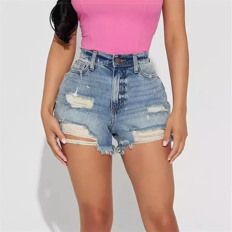 Women Vintage Broken Holes Denim Shorts Slim Fit High Waist Three Quarter Pants Female Comfortable Casual Mini Jeans Streetwear