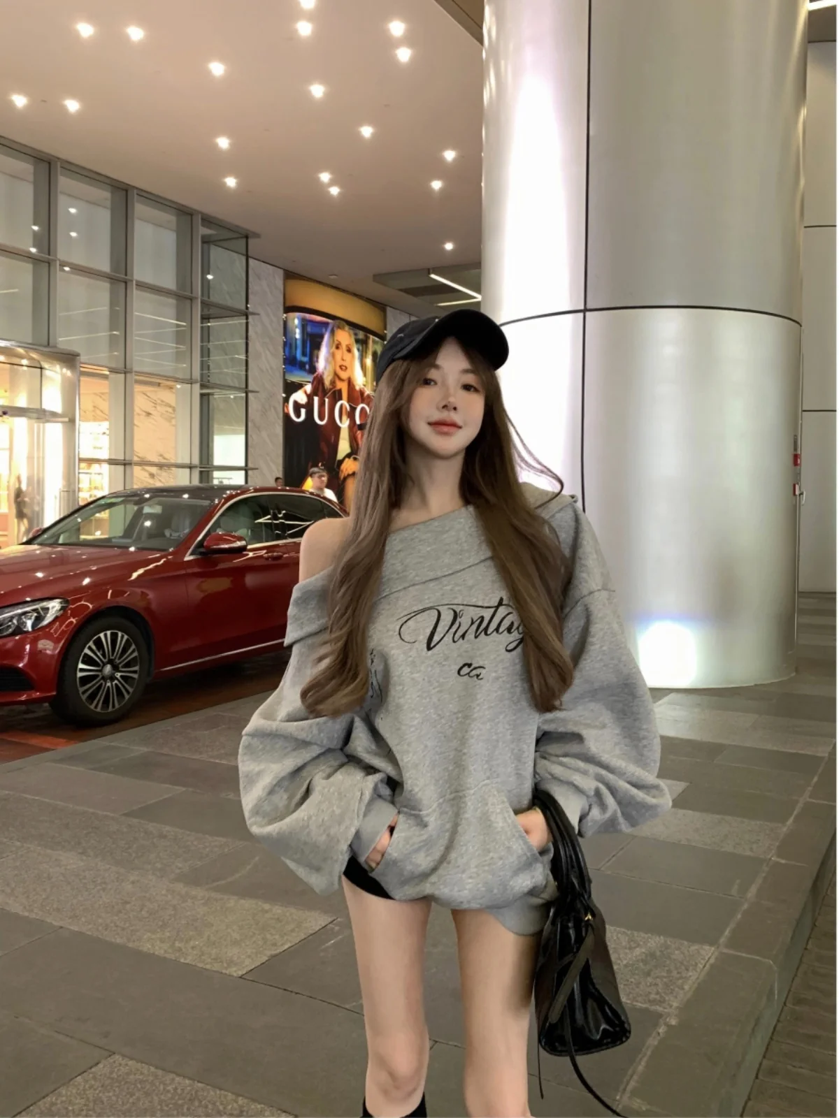 아메리칸 스타일 루즈핏 그레이 긴팔 스웨트셔츠 여성 스트리트웨어 숄더 프린트 오버사이즈 코트 레이지 가을 탑