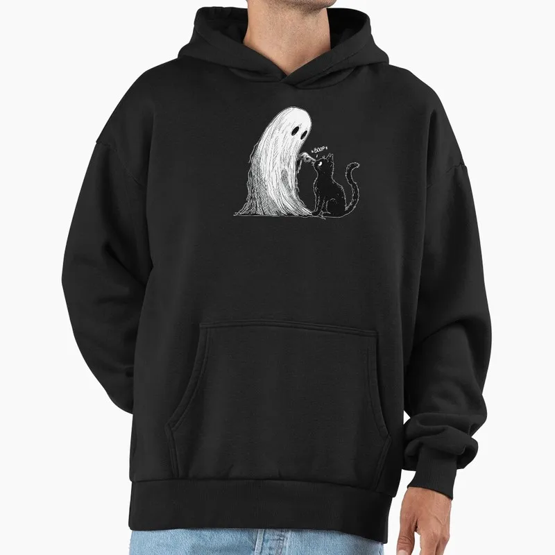 Ghost Doing A Boop Cat Halloween Graphic Fleece Hoodie Unisex Pullover Sweatshirt Gift Hooded Trick or Treat Costume Party